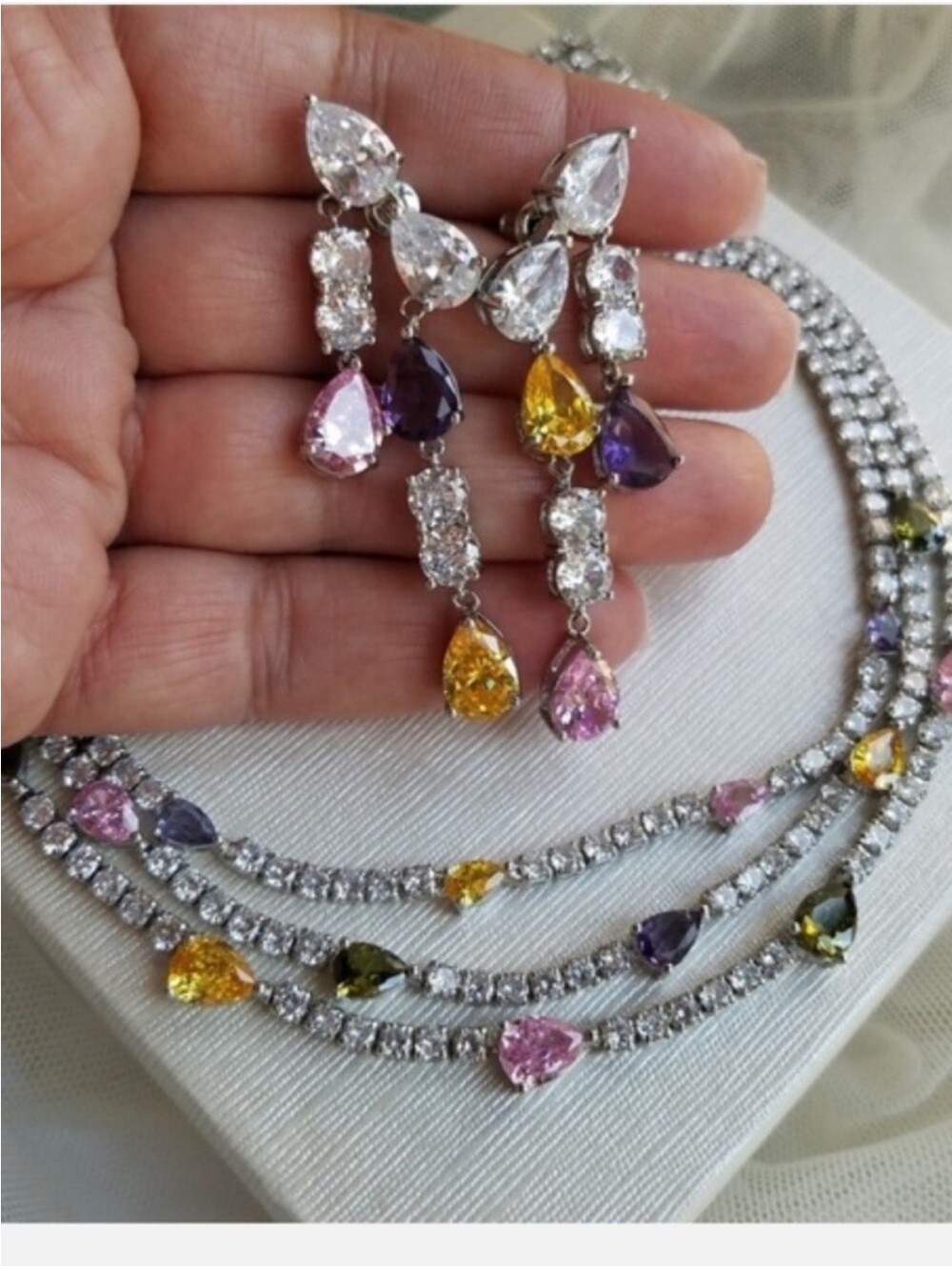 Swarovski Elements Teardrop Pink Purple & Yellow Gem Layered Necklace NEW - Picture 11 of 17